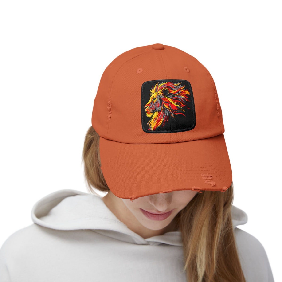 Distressed Cap — Vibrant Flame Lion Embroidered Baseball Hat Hats Printify