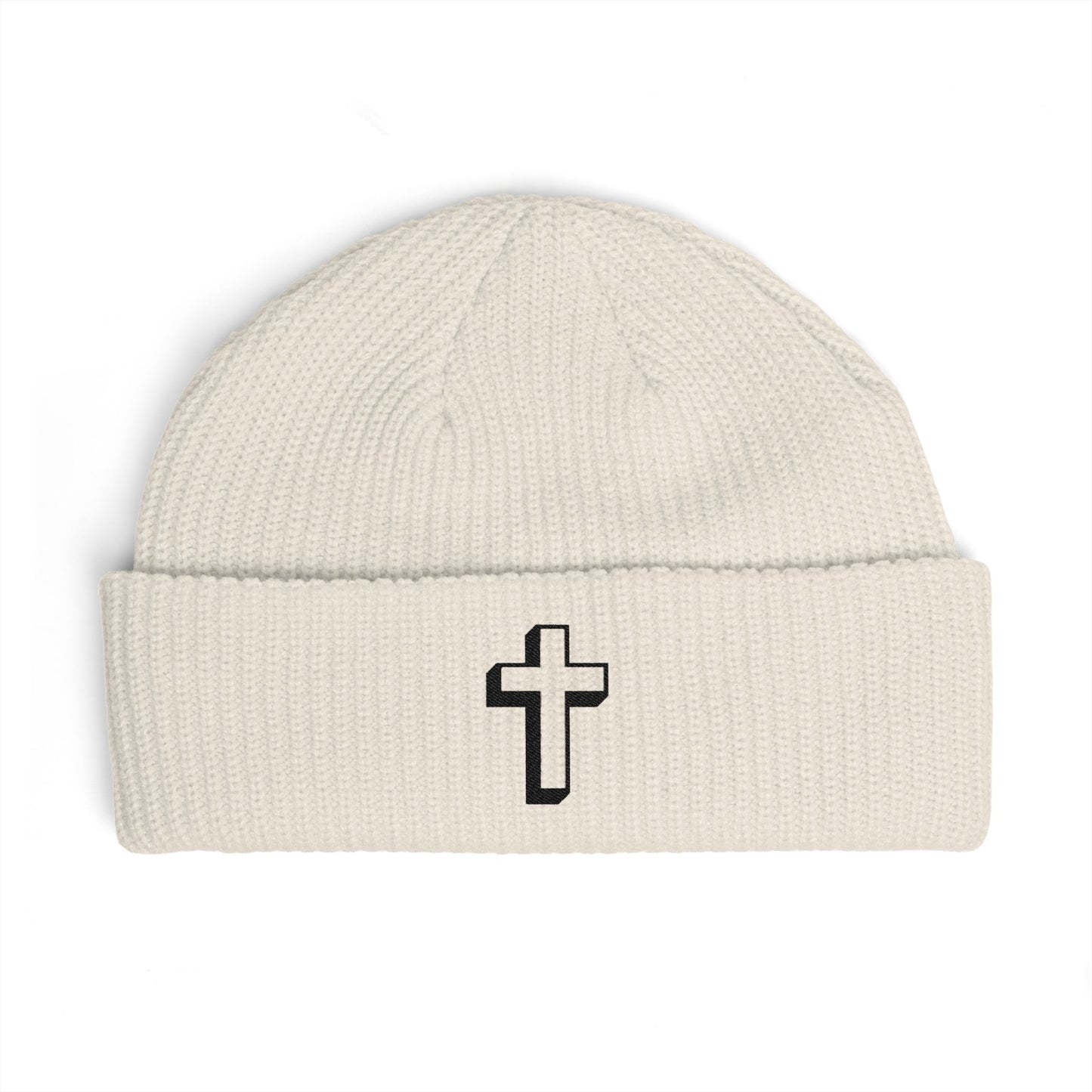 Embroidered Cross Cuff Beanie — Minimal Faith Knit Hat Hats Printify One size Ecru