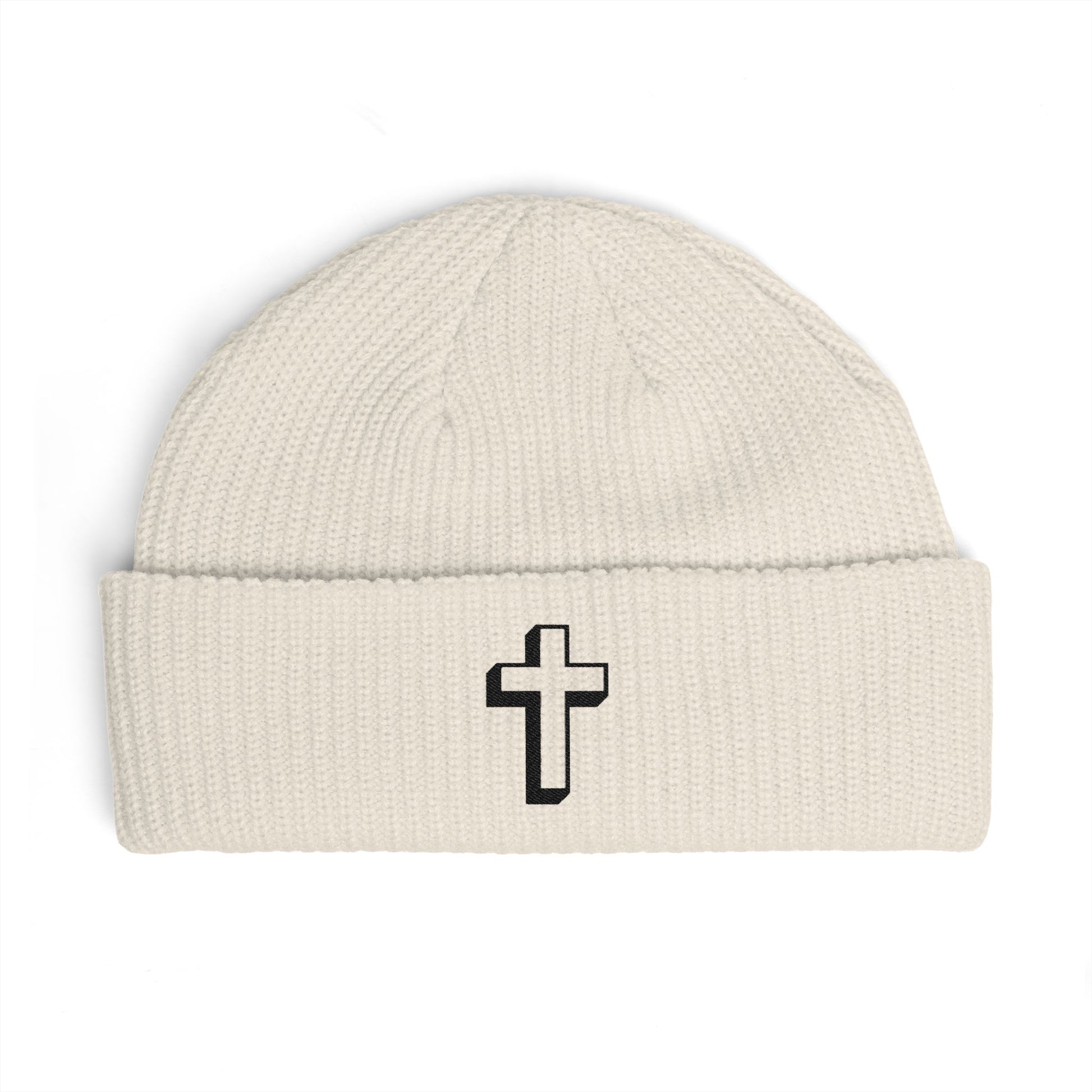 Embroidered Cross Cuff Beanie — Minimal Faith Knit Hat Hats Printify One size Ecru