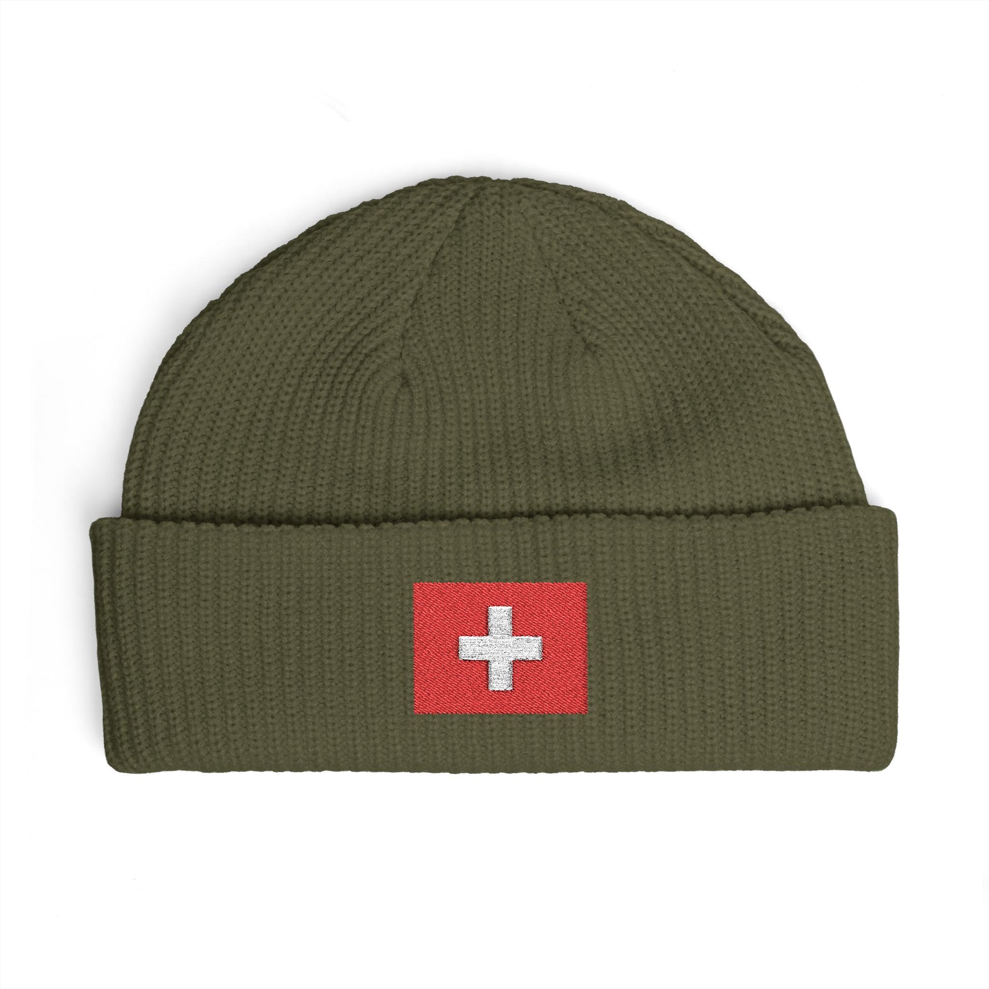 Swiss Cross Cuff Beanie — Embroidered Red Flag Patch Winter Hat Hats Printify One size Army