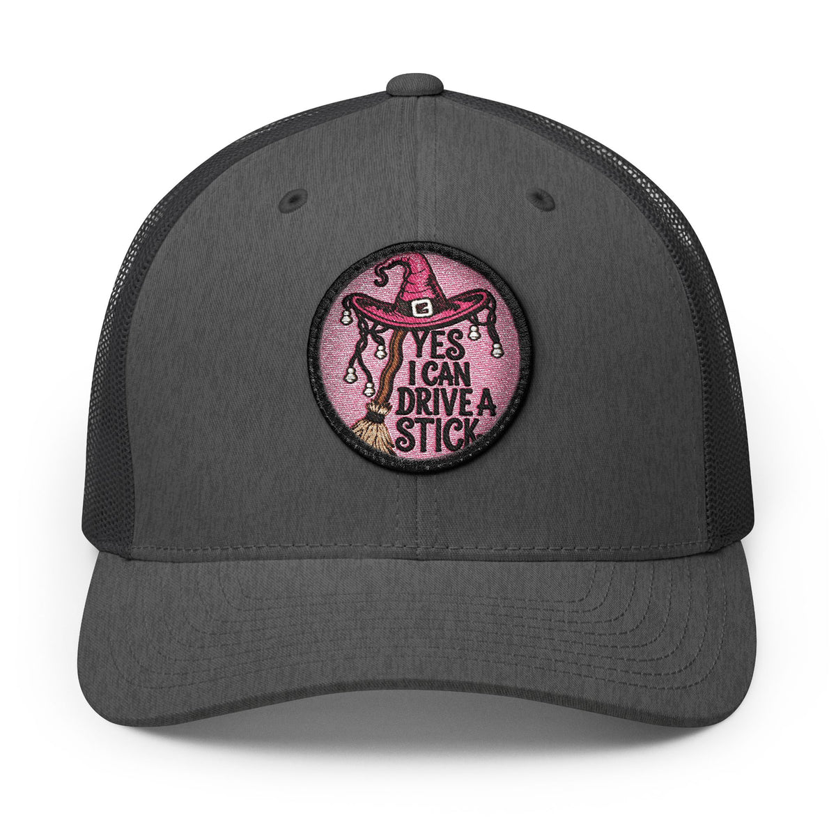 "YES, I Can Drive Stick" Pink Western Hat Patch Snapback Trucker Cap Hats Printify Circle One size Dark Heather Gray / Black patch