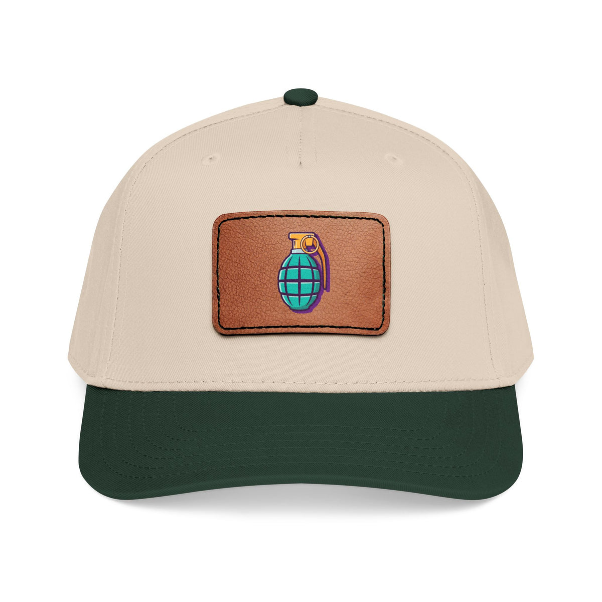 Leather Patch Baseball Cap — Retro Grenade Patch Hat Hats Printify One size Dark Green / Khaki / Light Brown patch Rectangle