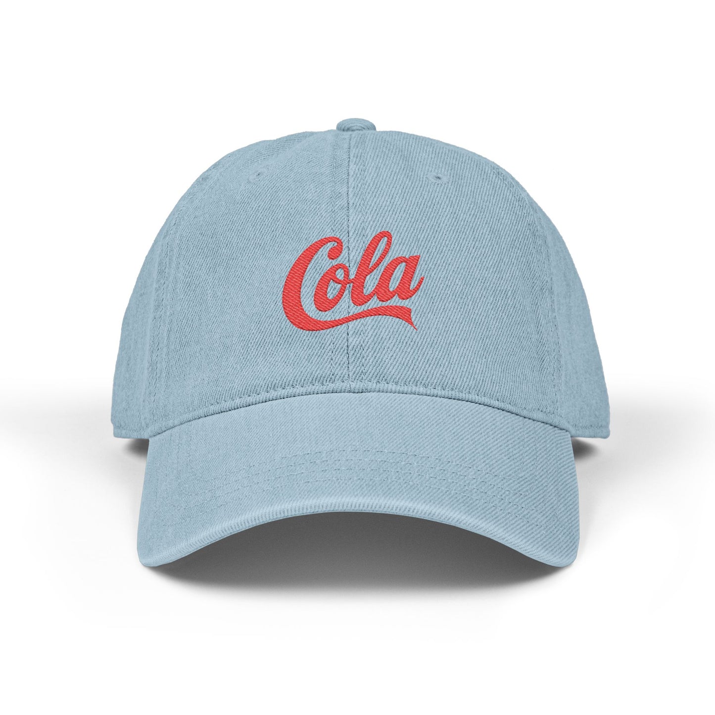 Embroidered 'Cola' Denim Hat – Vintage Script Baseball Cap Hats Printify One size Light Blue