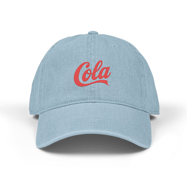 Embroidered 'Cola' Denim Hat – Vintage Script Baseball Cap Hats Printify One size Light Blue