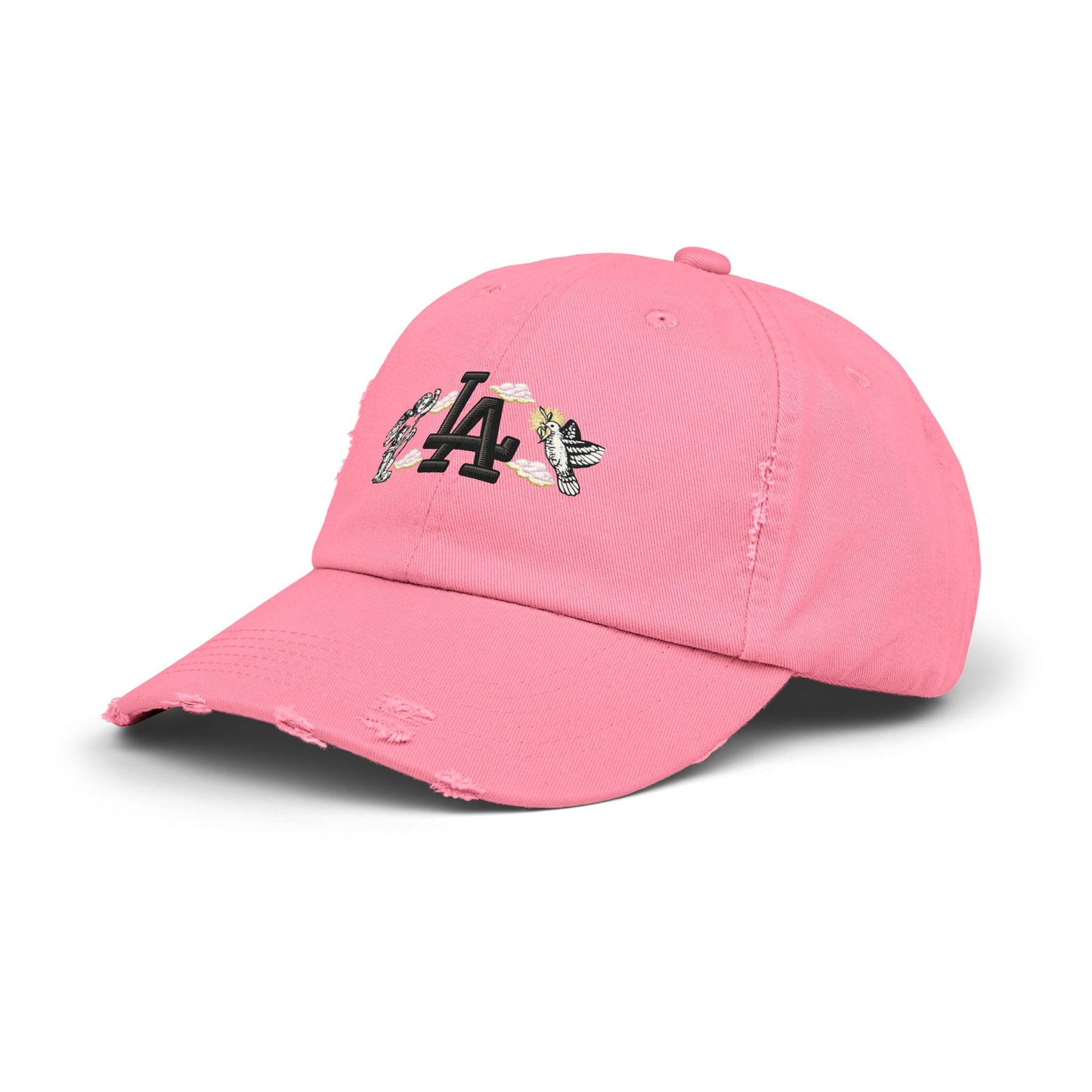 Distressed Baseball Cap — LA Logo with Angel Wings & Clouds