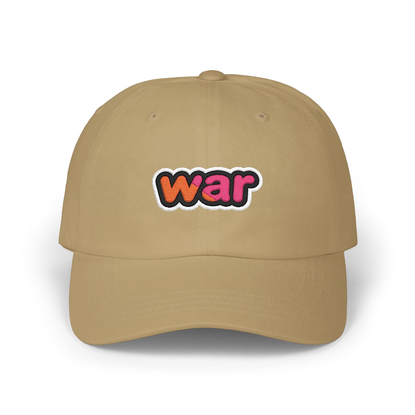 Dad Cap — White Embroidered "war" Patch Hat Hats Printify Khaki One size