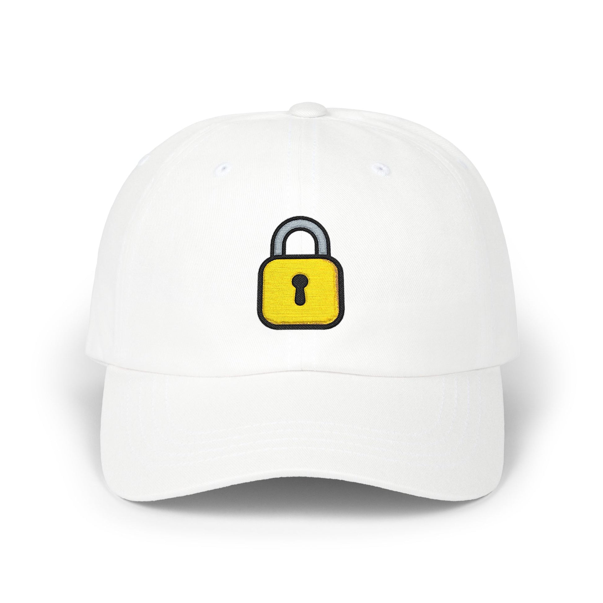 Lock Embroidered Dad Cap — Minimal Yellow Padlock Baseball Hat Hats Printify White One size