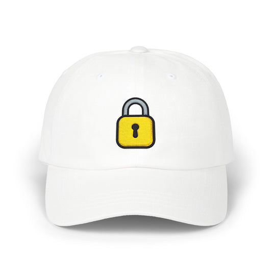 Lock Embroidered Dad Cap — Minimal Yellow Padlock Baseball Hat Hats Printify White One size
