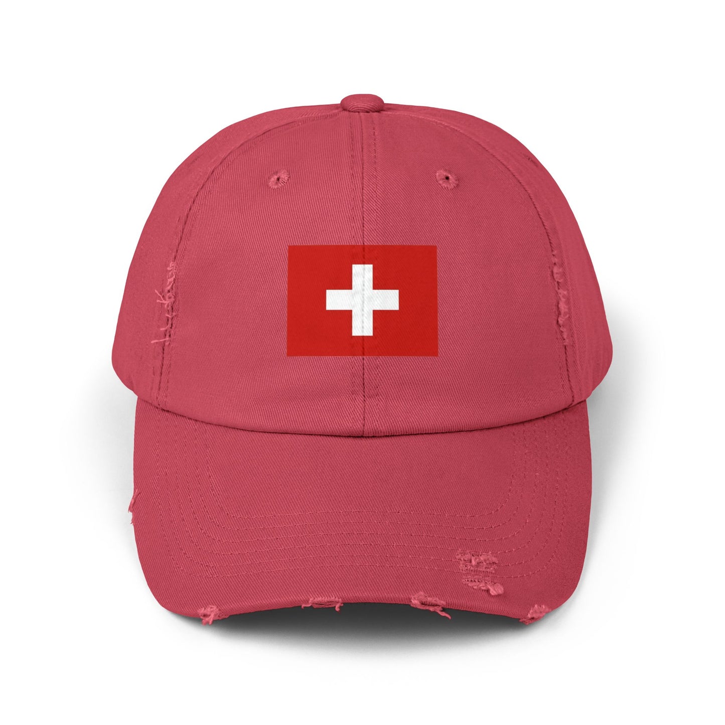 Swiss Flag Distressed Cap — Vintage Red Cross Baseball Hat Hats Printify Dashing Red One size