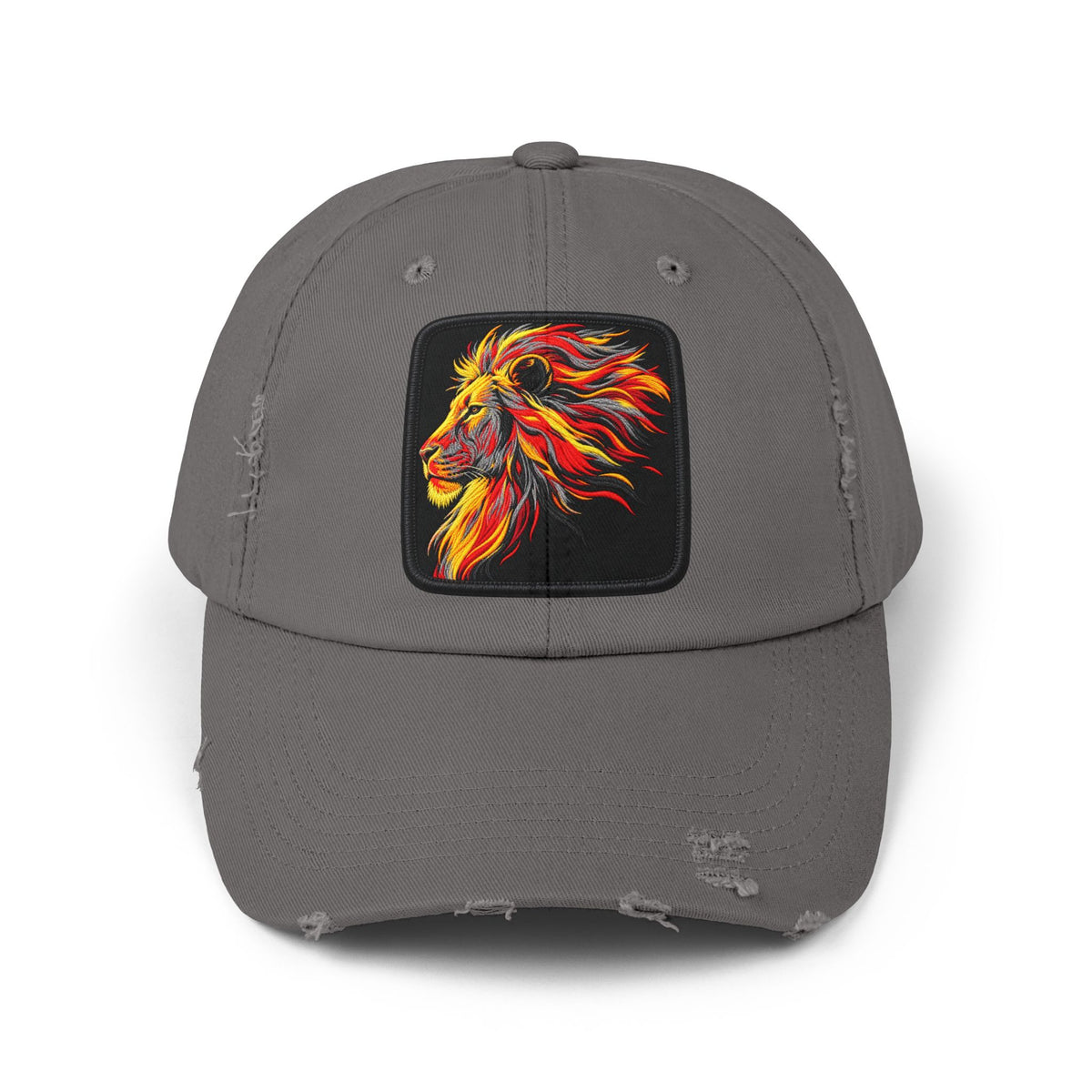 Distressed Cap — Vibrant Flame Lion Embroidered Baseball Hat Hats Printify Nickel One size
