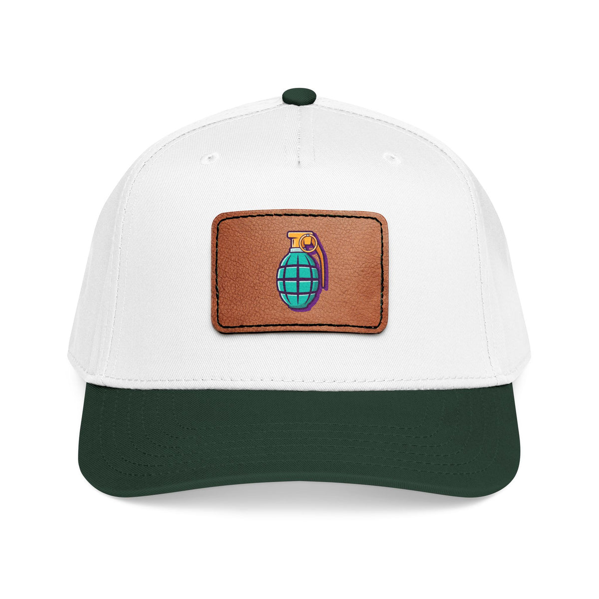 Leather Patch Baseball Cap — Retro Grenade Patch Hat Hats Printify One size Dark Green / White / Light Brown patch Rectangle