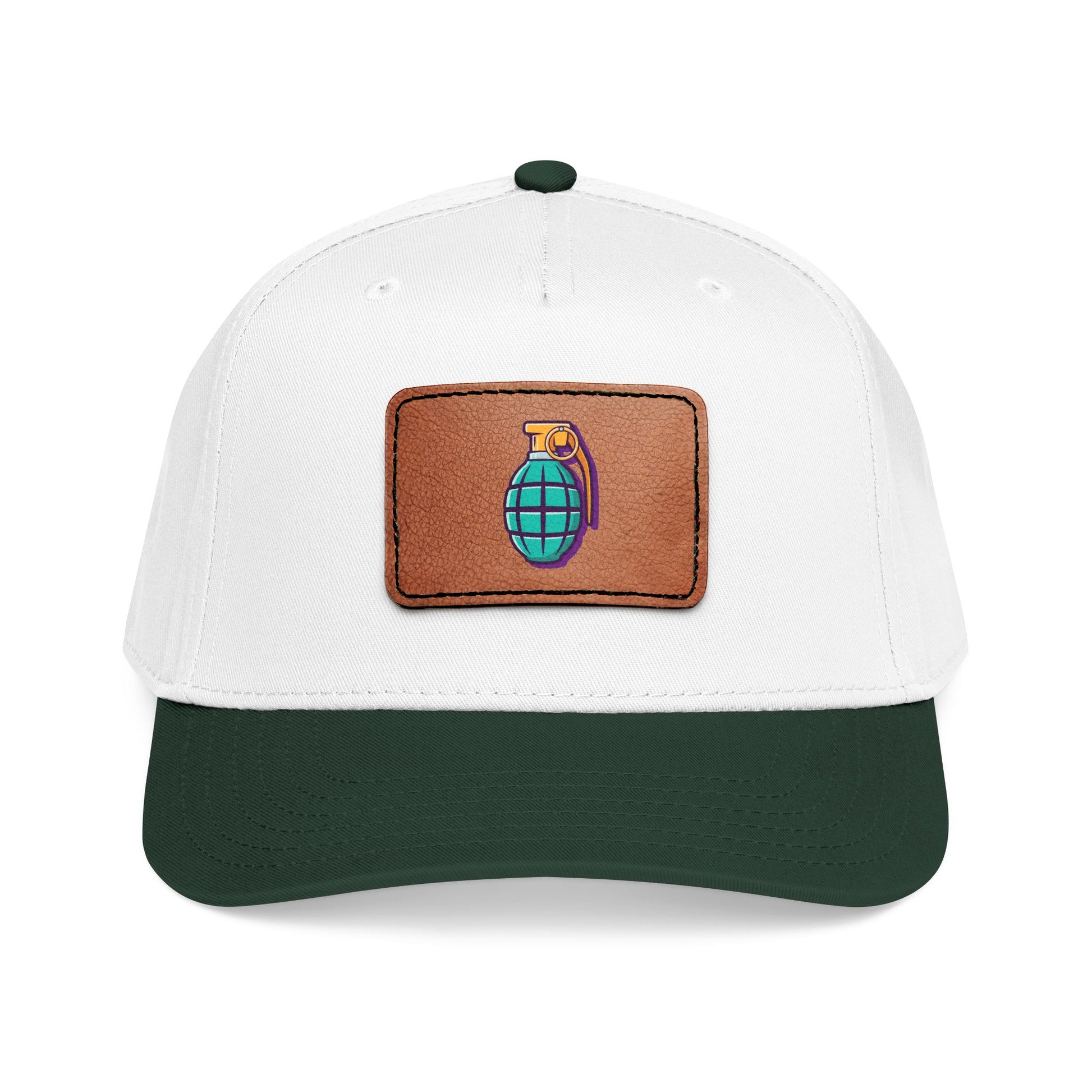 Leather Patch Baseball Cap — Retro Grenade Patch Hat Hats Printify One size Dark Green / White / Light Brown patch Rectangle