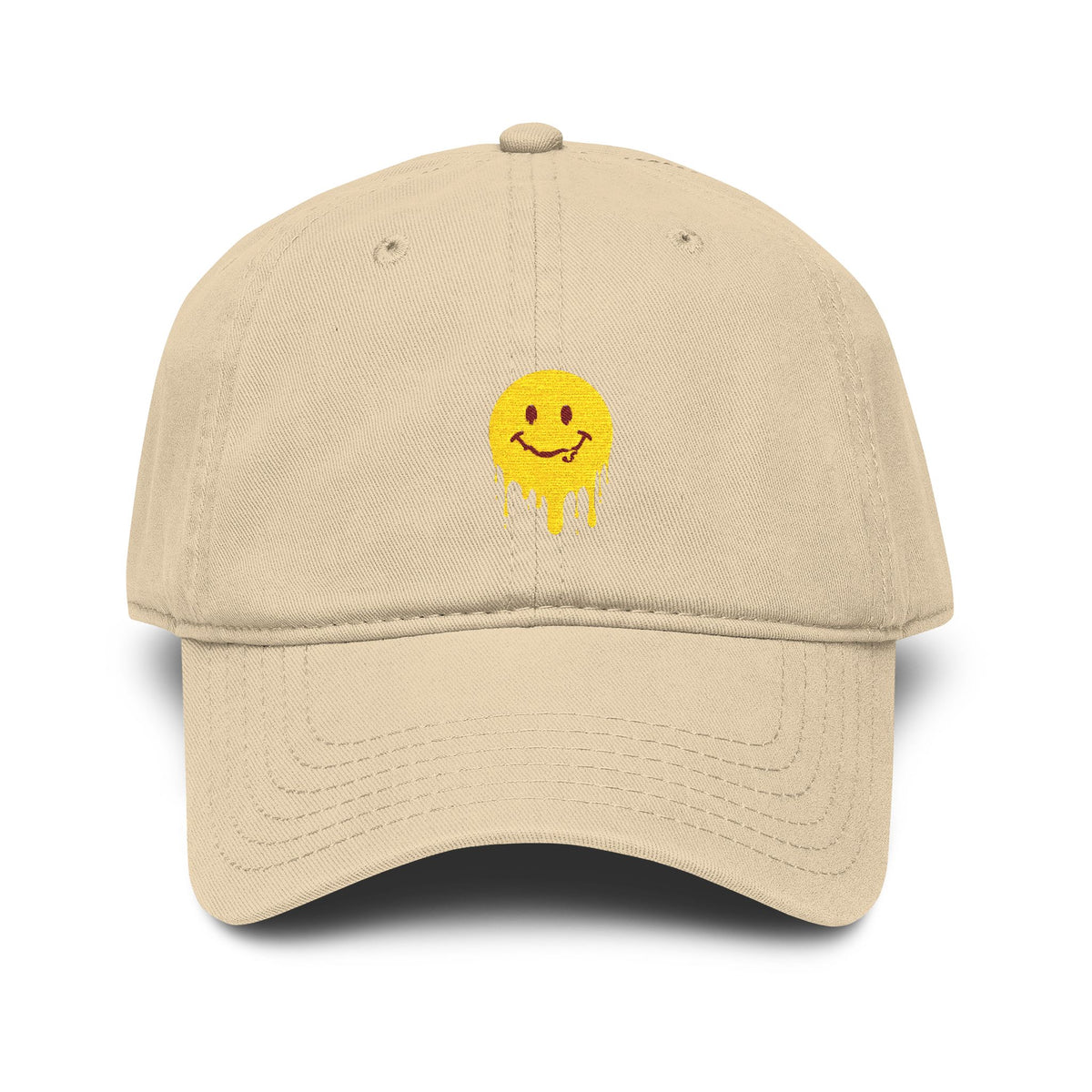 Washed Baseball Cap — Drippy Yellow Smile Embroidered Hat Hats Printify One size Khaki