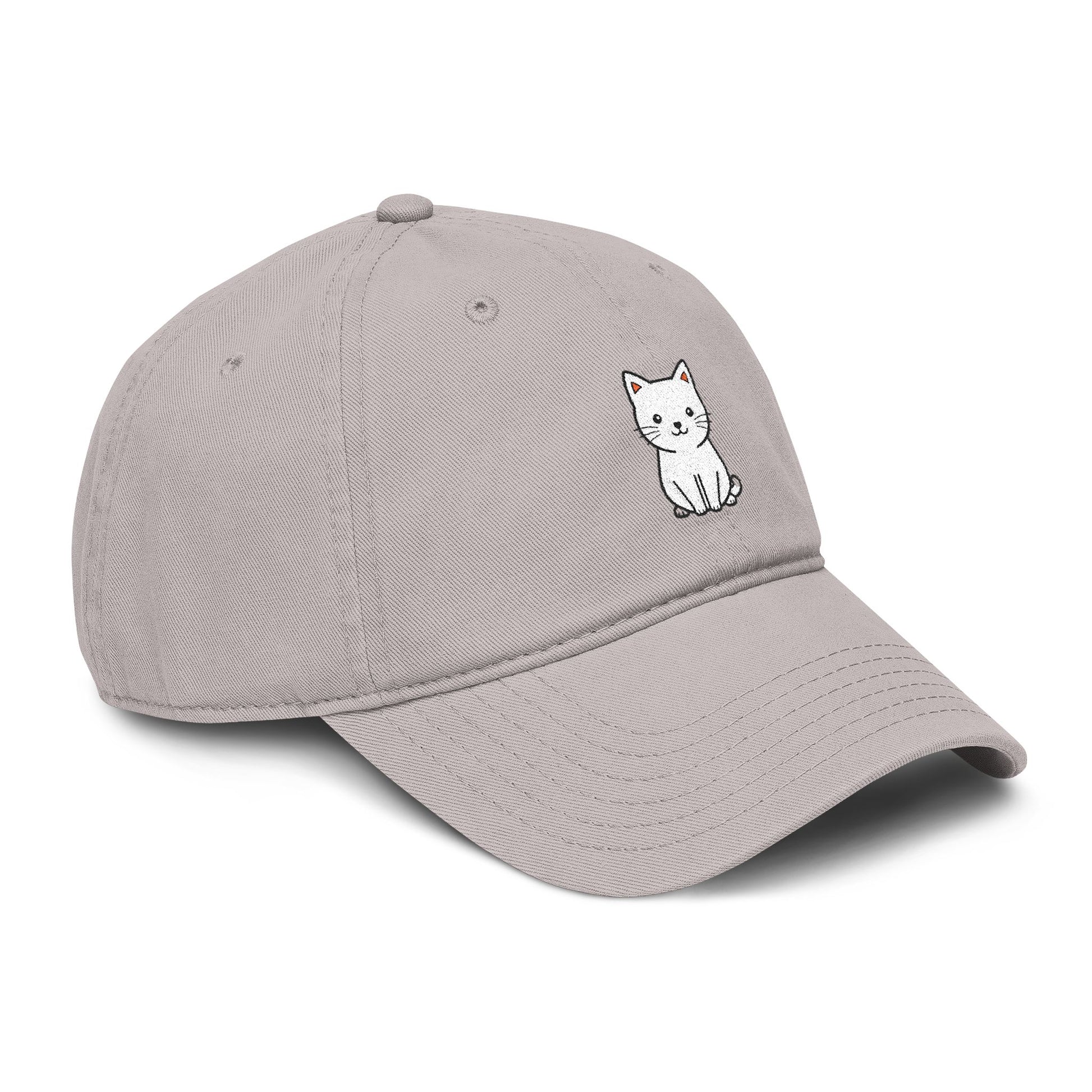 Washed Baseball Cap — Cute White Sitting Cat Embroidered Hat Hats Printify