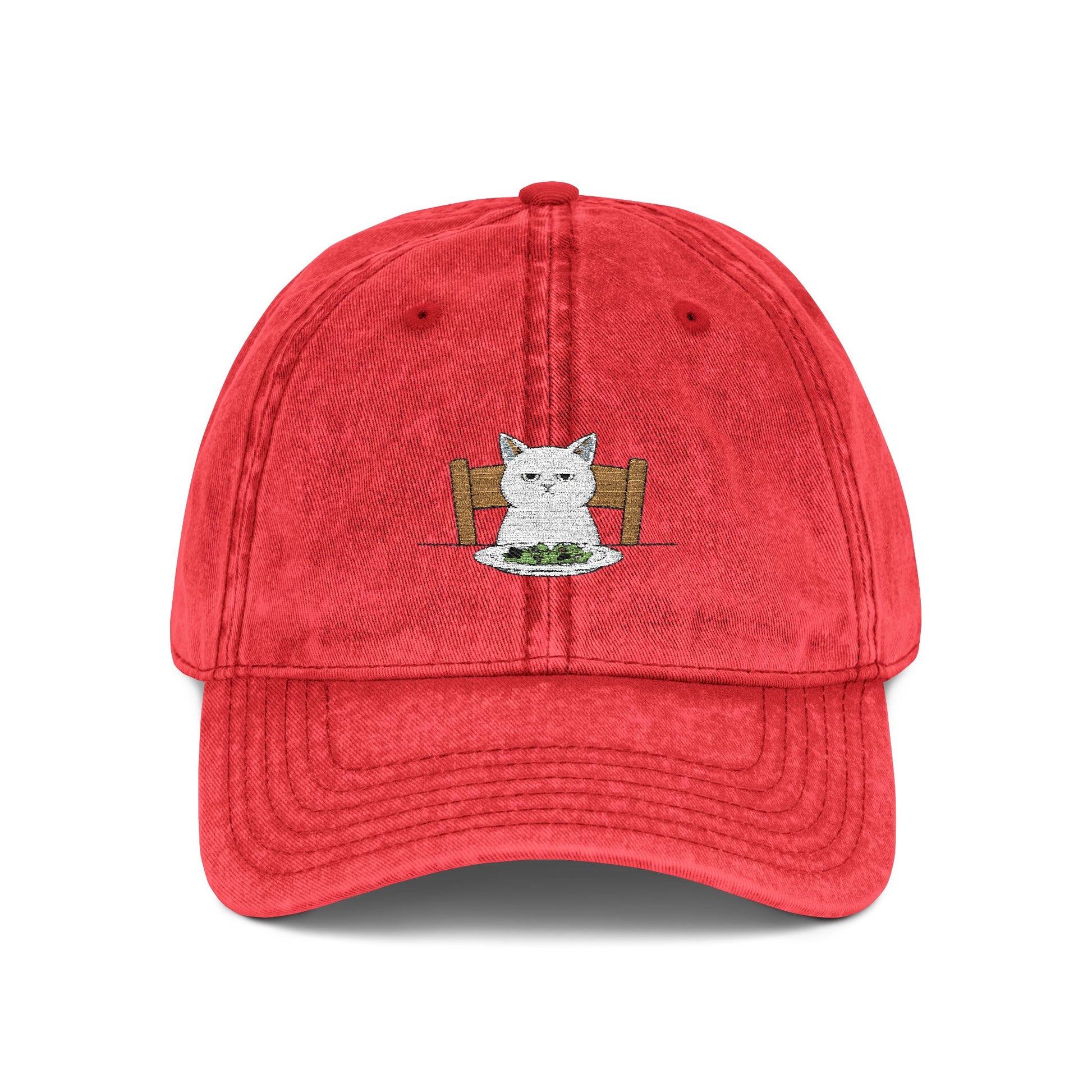 Vintage Embroidered Cat Cap — Washed Red Dad Hat Hats Printify One size Red