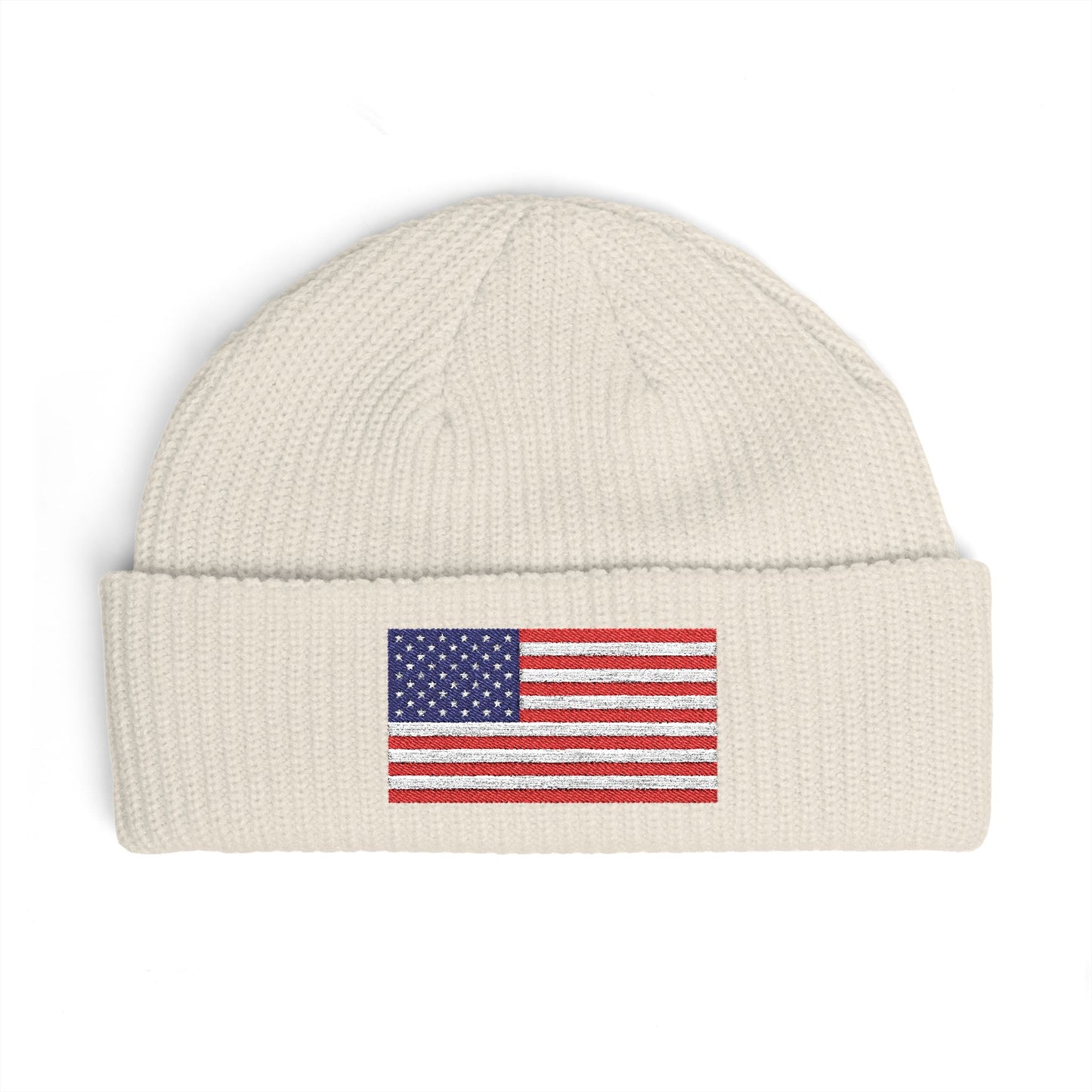 American Flag Cuff Beanie – Embroidered USA Knit Hat Hats Printify One size Ecru