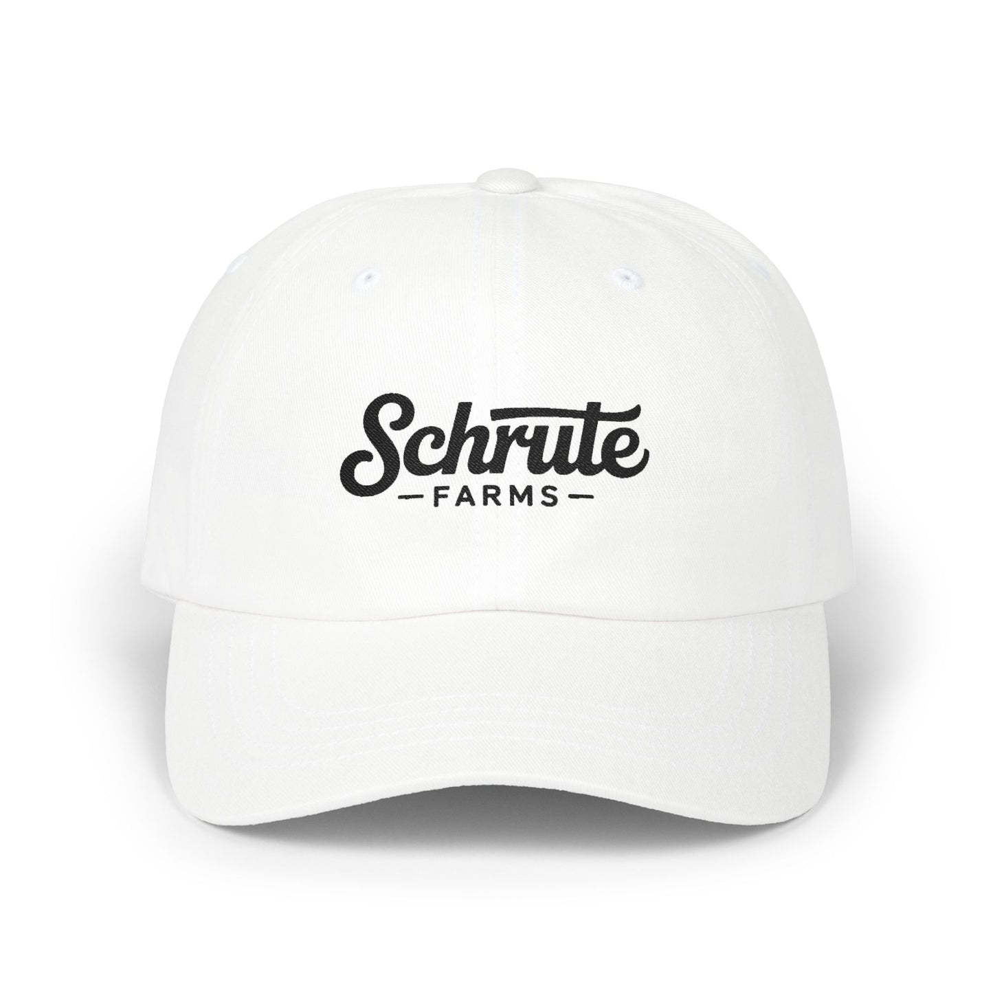Schrute Farms Dad Cap — Vintage Script Embroidered Baseball Hat Hats Printify White One size