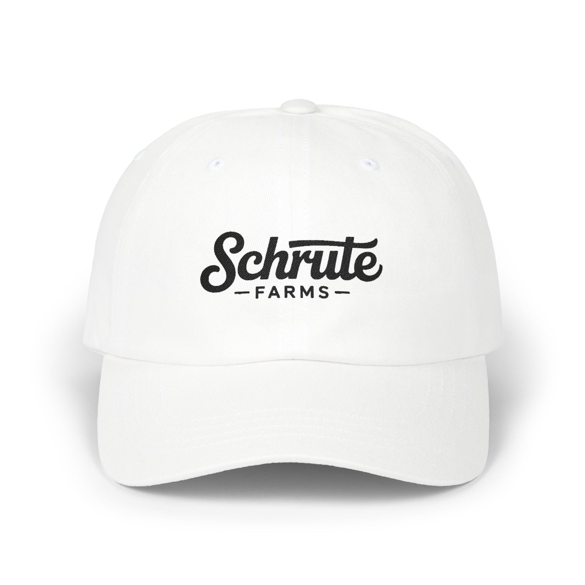 Schrute Farms Dad Cap — Vintage Script Embroidered Baseball Hat Hats Printify White One size