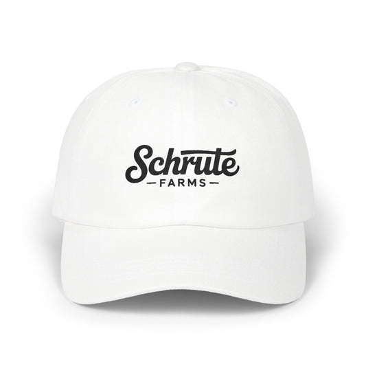 Schrute Farms Dad Cap — Vintage Script Embroidered Baseball Hat Hats Printify White One size