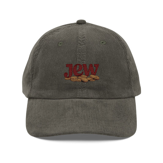 Vintage Corduroy Baseball Cap — Embroidered 'JOY' Leaf Accent, Rustic Fall Hat Hats Printify Olive One size