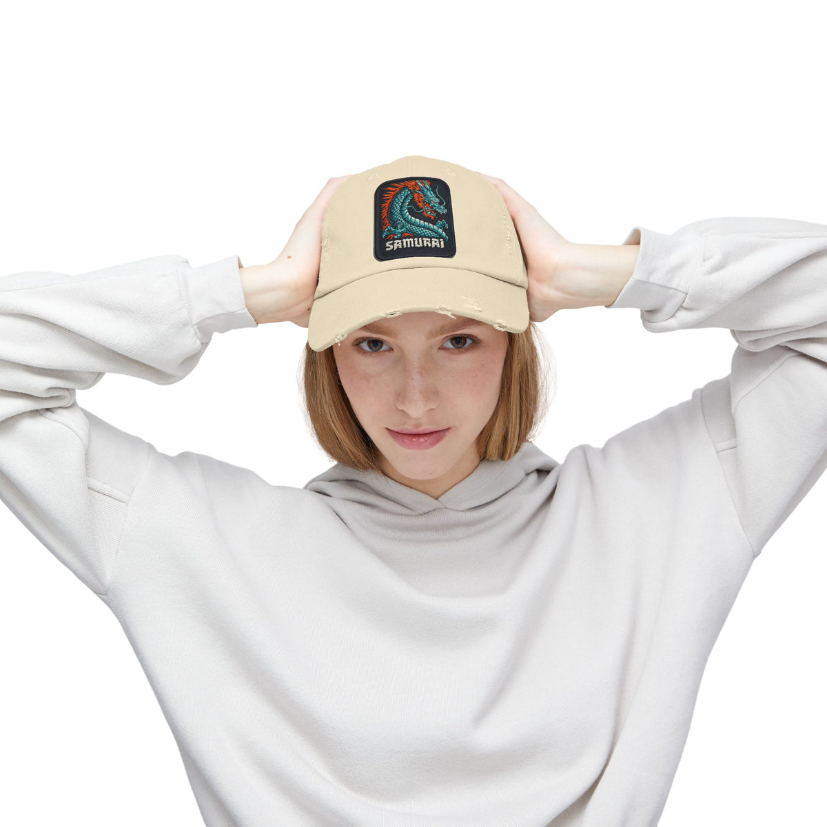 Distressed Samurai Dragon Cap — Vintage Retro Japanese Dragon Baseball Hat Hats Printify