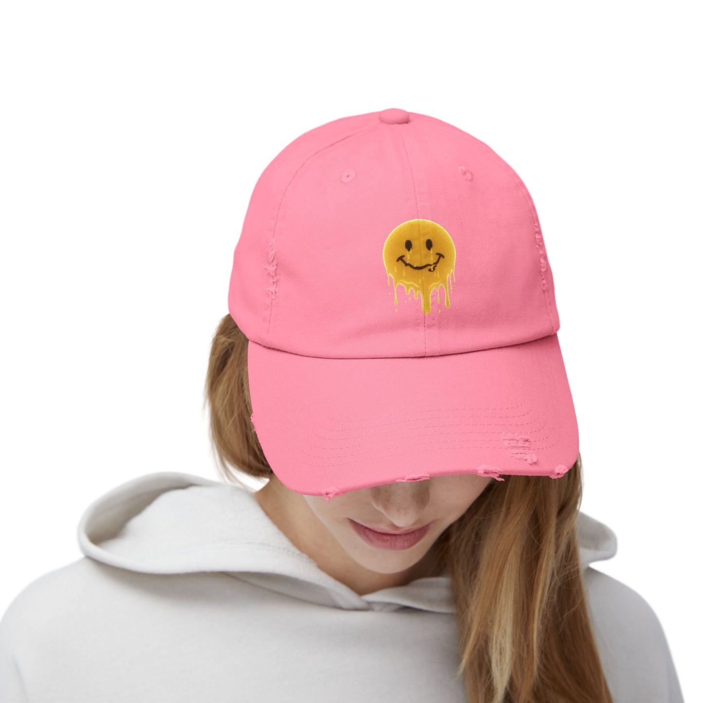 Distressed Melting Smiley Cap — Grunge Drip Dad Hat