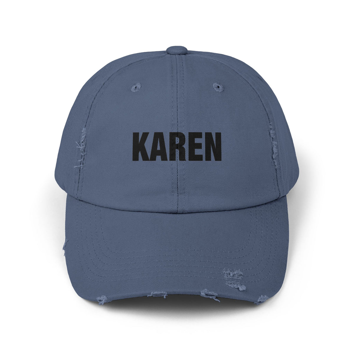 Distressed 'Karen' Baseball Cap — Black Embroidered Name Hat Hats Printify Scotland Blue One size