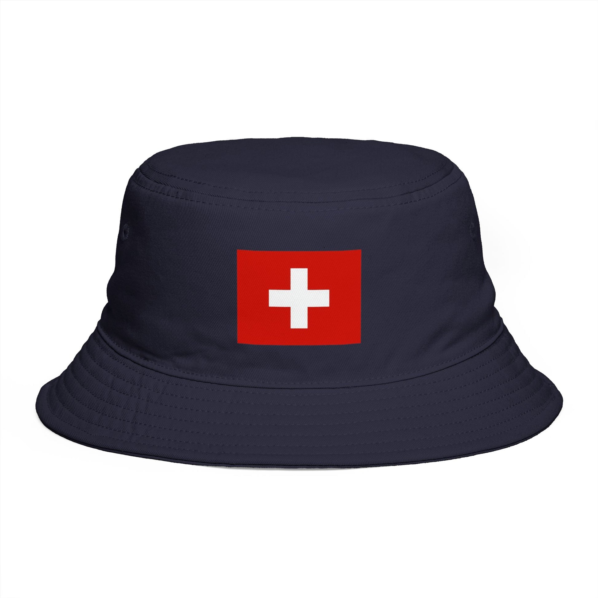 Swiss Cross Brown Bucket Hat — Alpine Flag Patch Sun Hat Hats Printify One size Navy