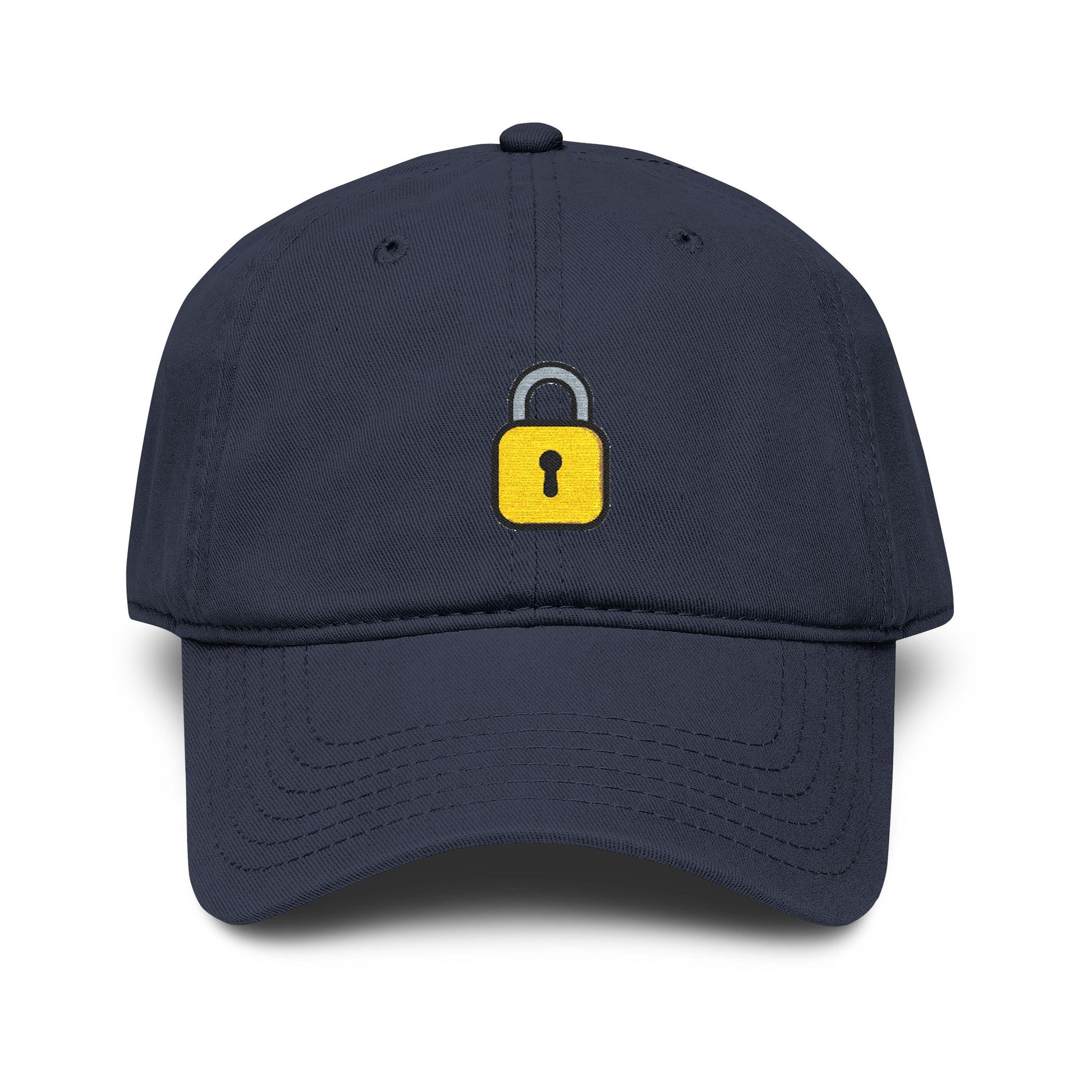 Embroidered Yellow Padlock Baseball Cap — Washed Cotton Dad Hat Hats Printify One size Navy