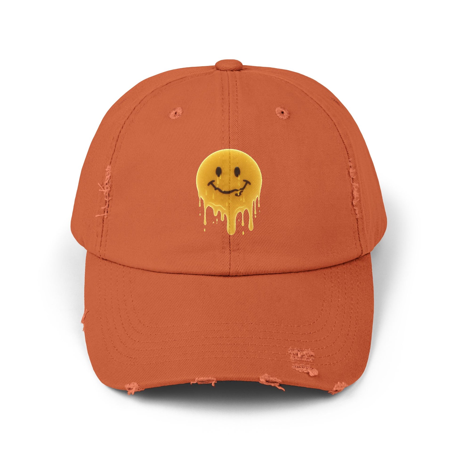 Distressed Melting Smiley Cap — Grunge Drip Dad Hat Hats Printify Burnt Orange One size