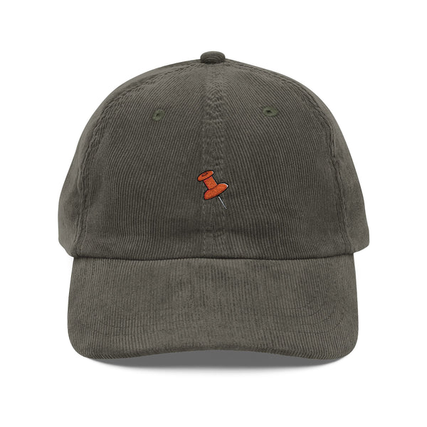 Vintage Corduroy Cap — Embroidered Tiny Skateboard Logo, Retro Casual Hat Hats Printify Olive One size