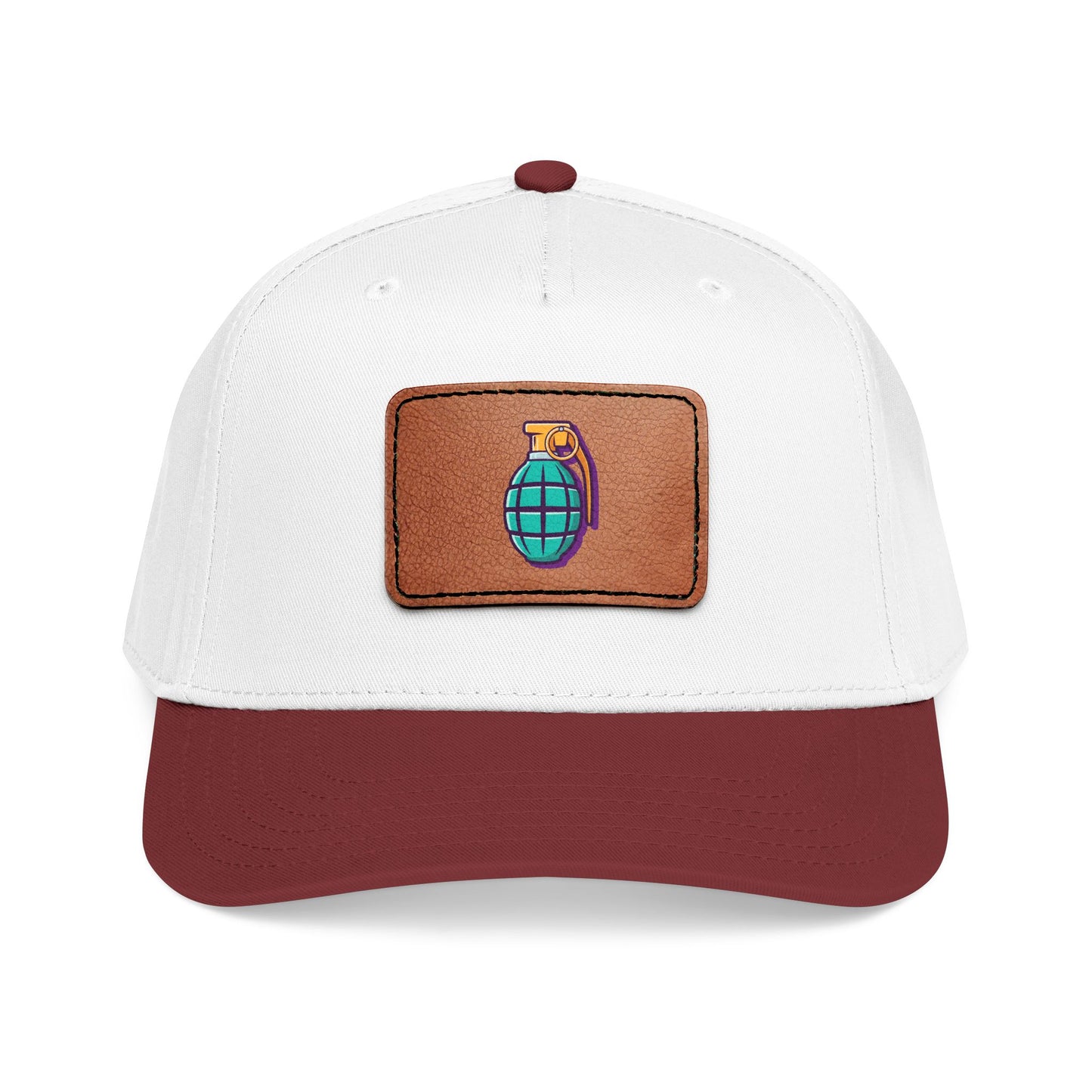 Leather Patch Baseball Cap — Retro Grenade Patch Hat Hats Printify One size Maroon / White / Light Brown patch Rectangle