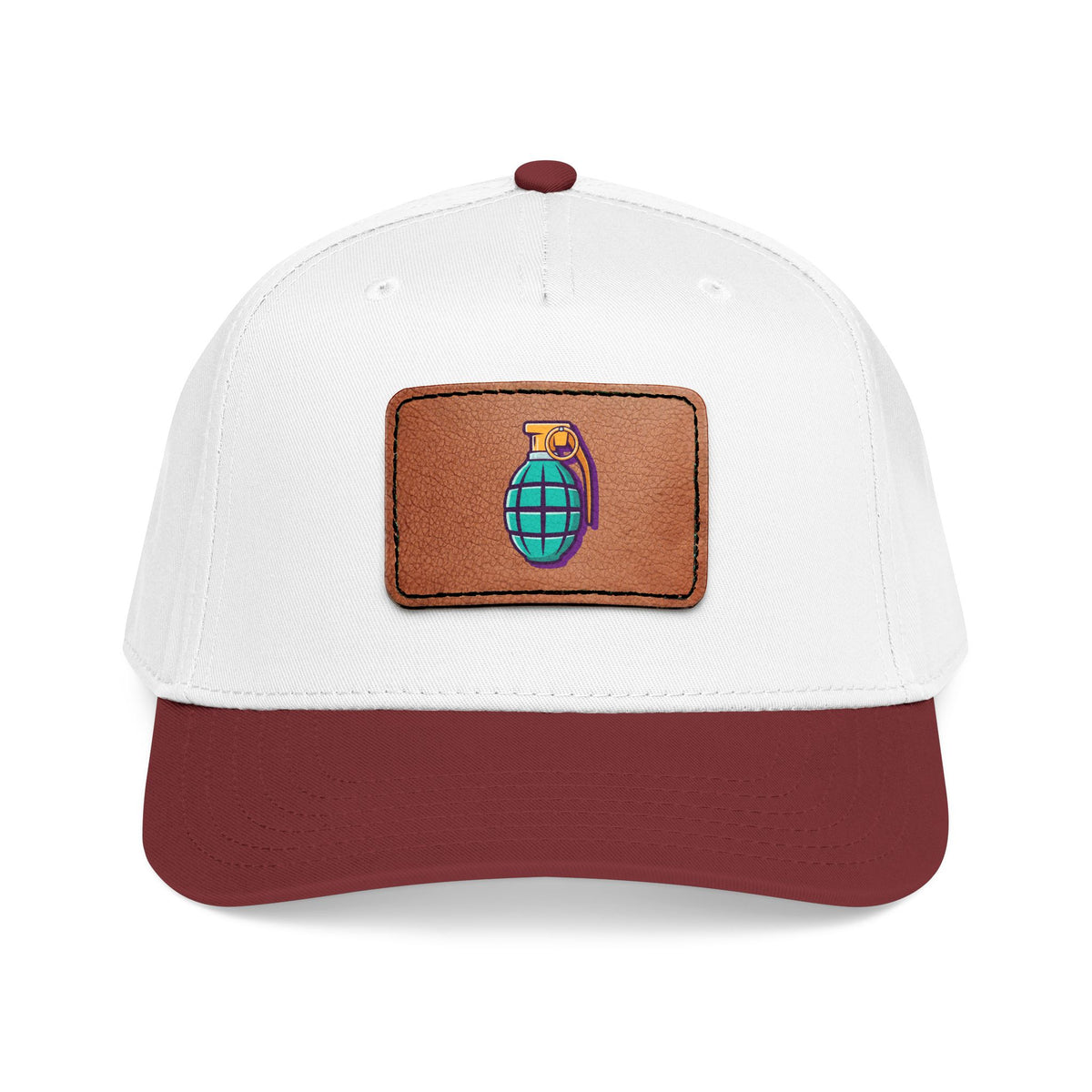 Leather Patch Baseball Cap — Retro Grenade Patch Hat Hats Printify One size Maroon / White / Light Brown patch Rectangle