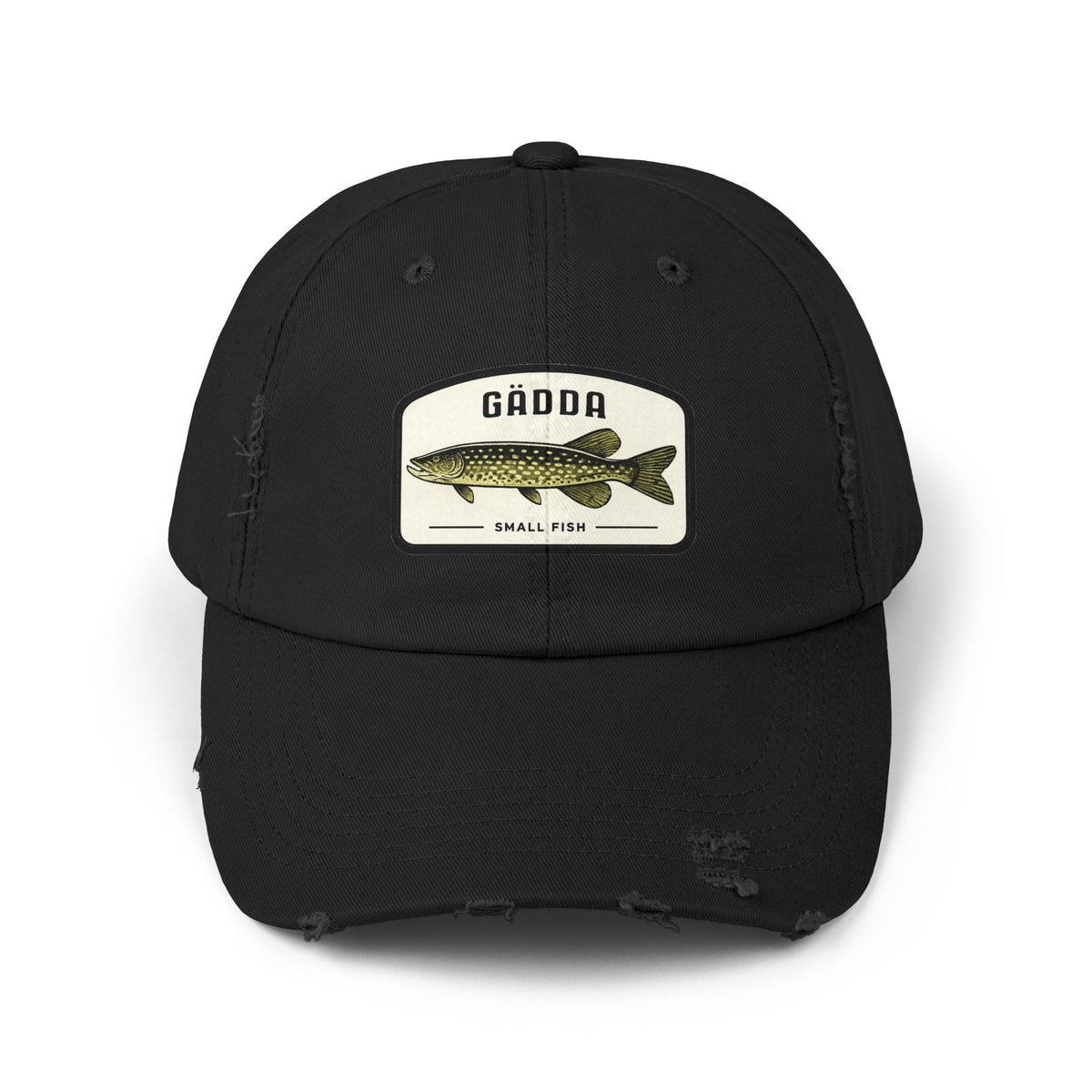 Fishing Hat – 'Gädda' Pike Patch Distressed Cap Hats Printify Black One size