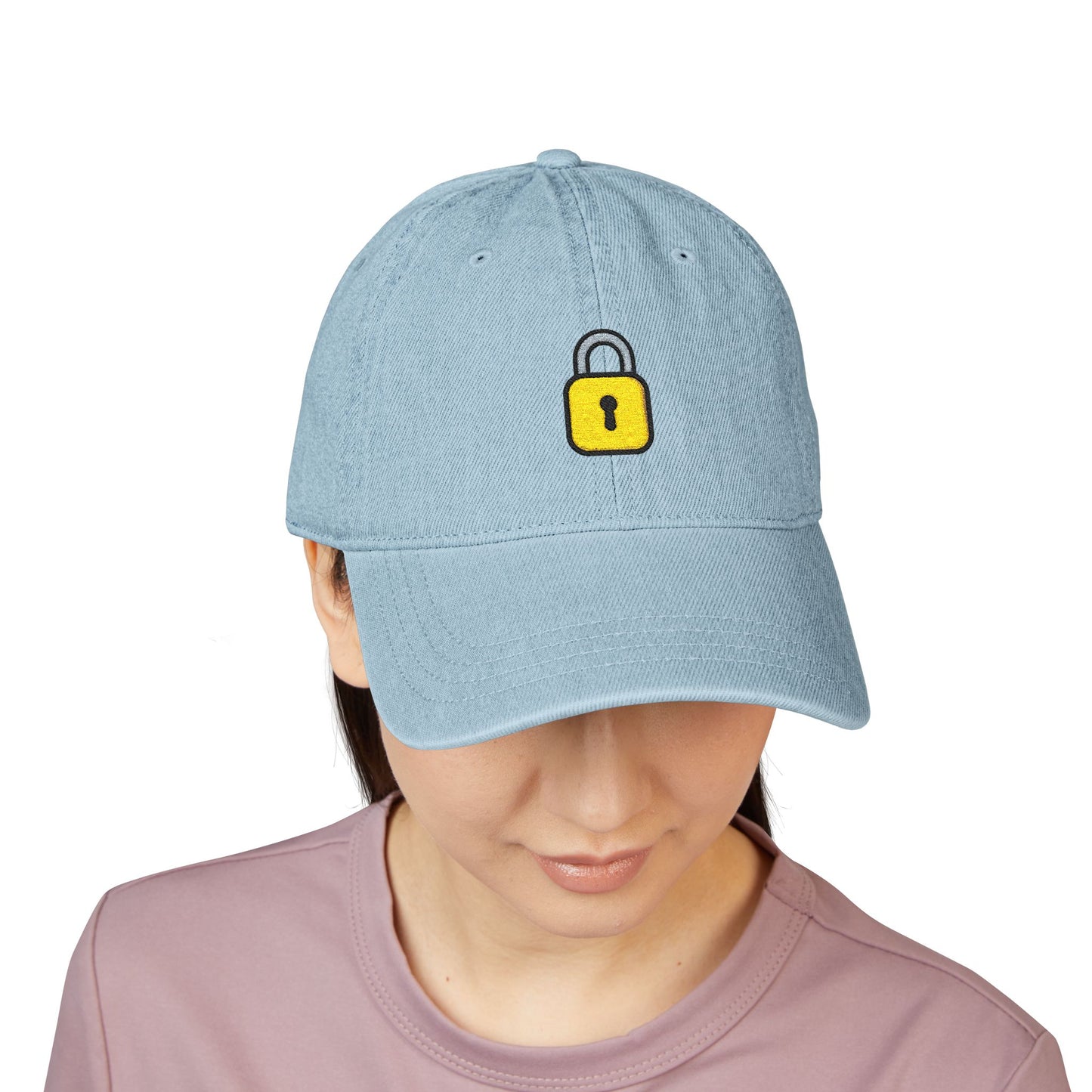 Embroidered Lock Denim Hat — Minimal Yellow Padlock Cap