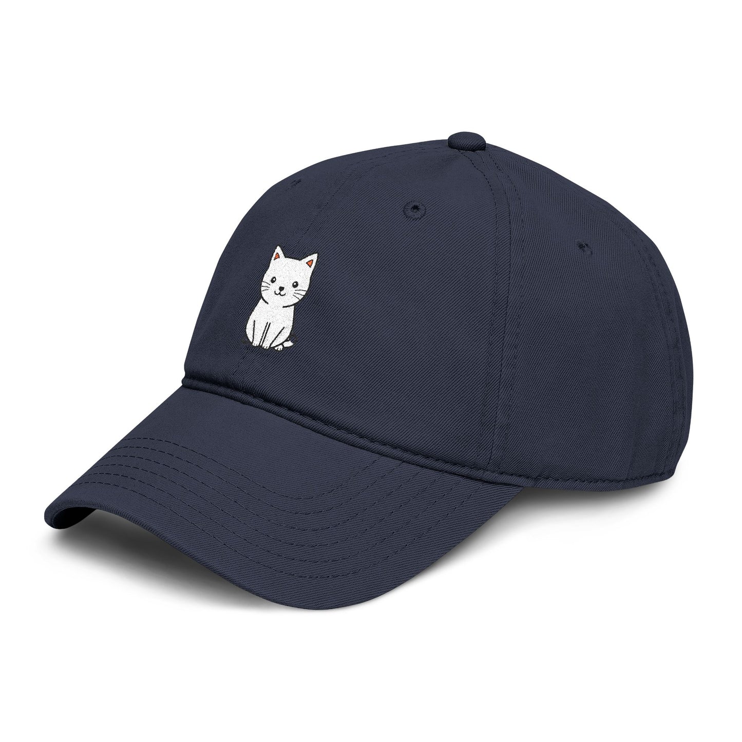 Washed Baseball Cap — Cute White Sitting Cat Embroidered Hat