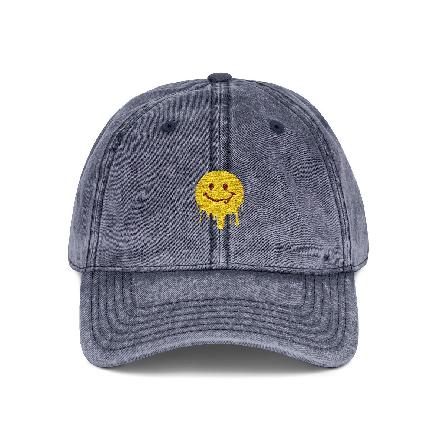 Embroidered Vintage Cap — Dripping Yellow Smiley Face Hat Hats Printify One size Navy