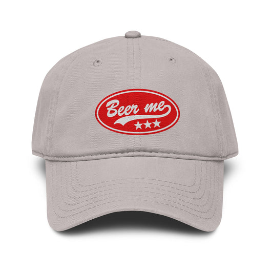 Beer Me Baseball Cap — Vintage Washed Hat with Red Patch Hats Printify One size Gray