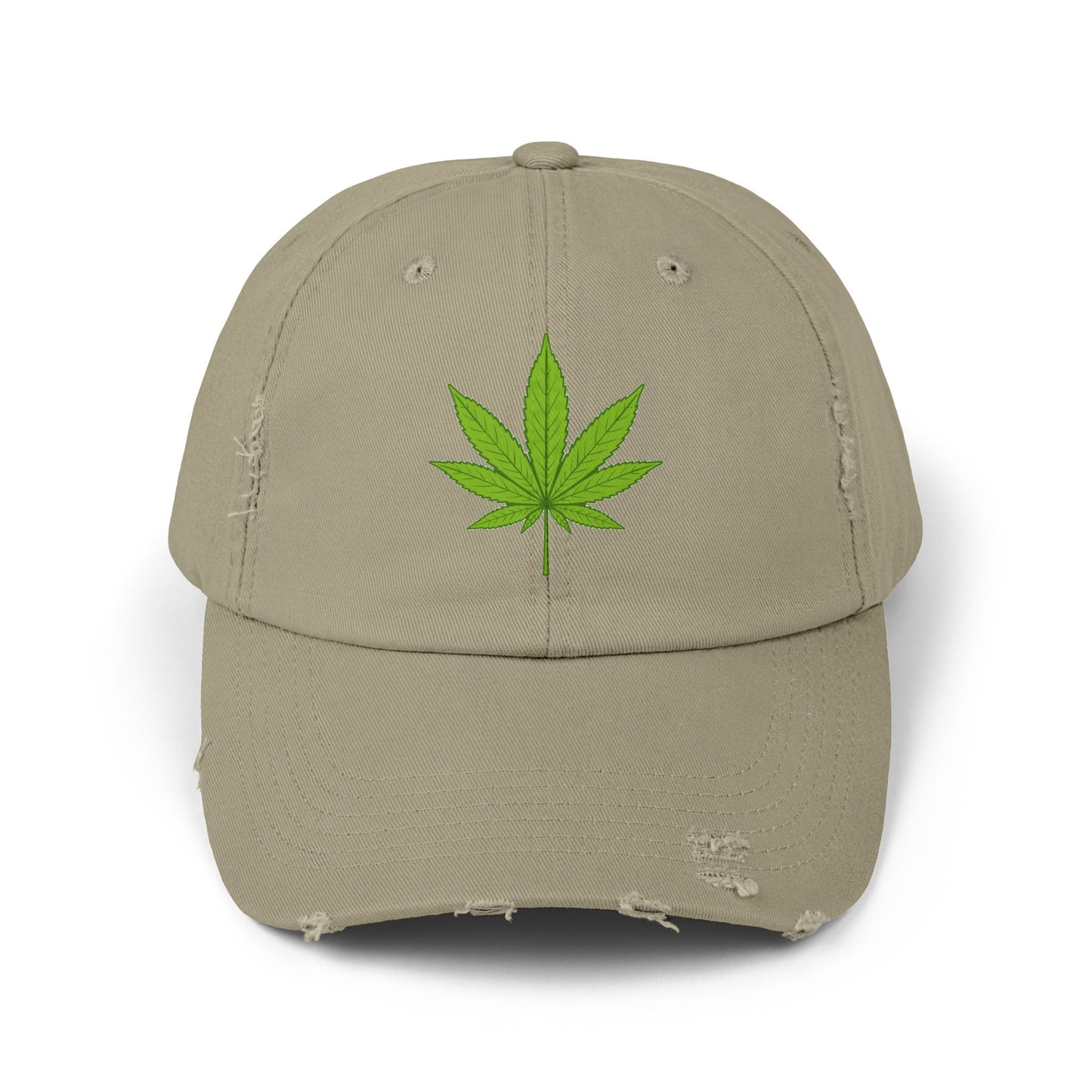 Distressed Black Cap with Green Cannabis Leaf Embroidery Hats Printify Light Olive One size