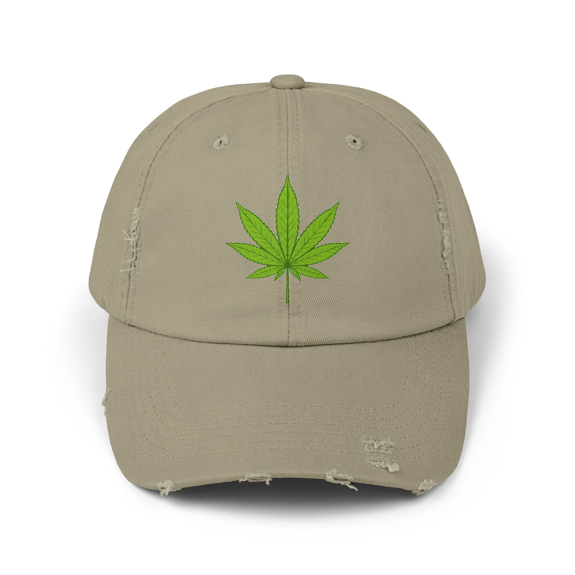 Distressed Black Cap with Green Cannabis Leaf Embroidery Hats Printify Light Olive One size