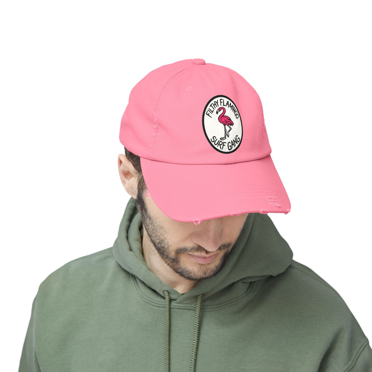 Distressed Surf Cap — "Filthy Flamingo Surf Gang" Embroidered Patch Hat Hats Printify