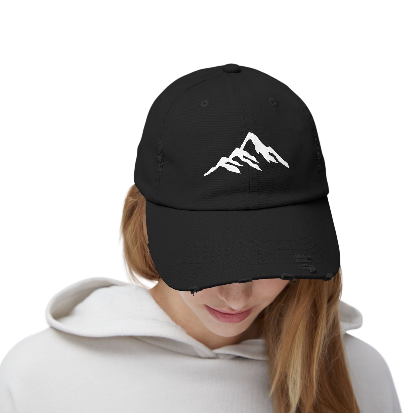 Distressed Mountain Hat — Minimal White Peak Embroidered Cap Hats Printify