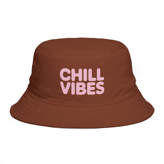 Chill Vibes Bucket Hat — Retro Pink Text Cotton Sun Hat