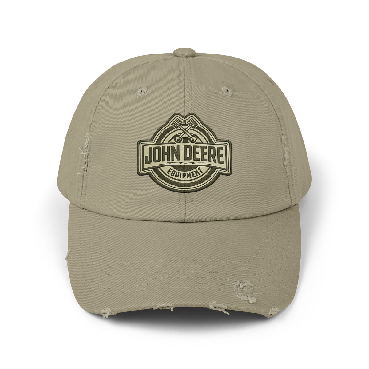 Distressed John Deere Logo Cap — Vintage Farm Equipment Baseball Hat Hats Printify Light Olive One size