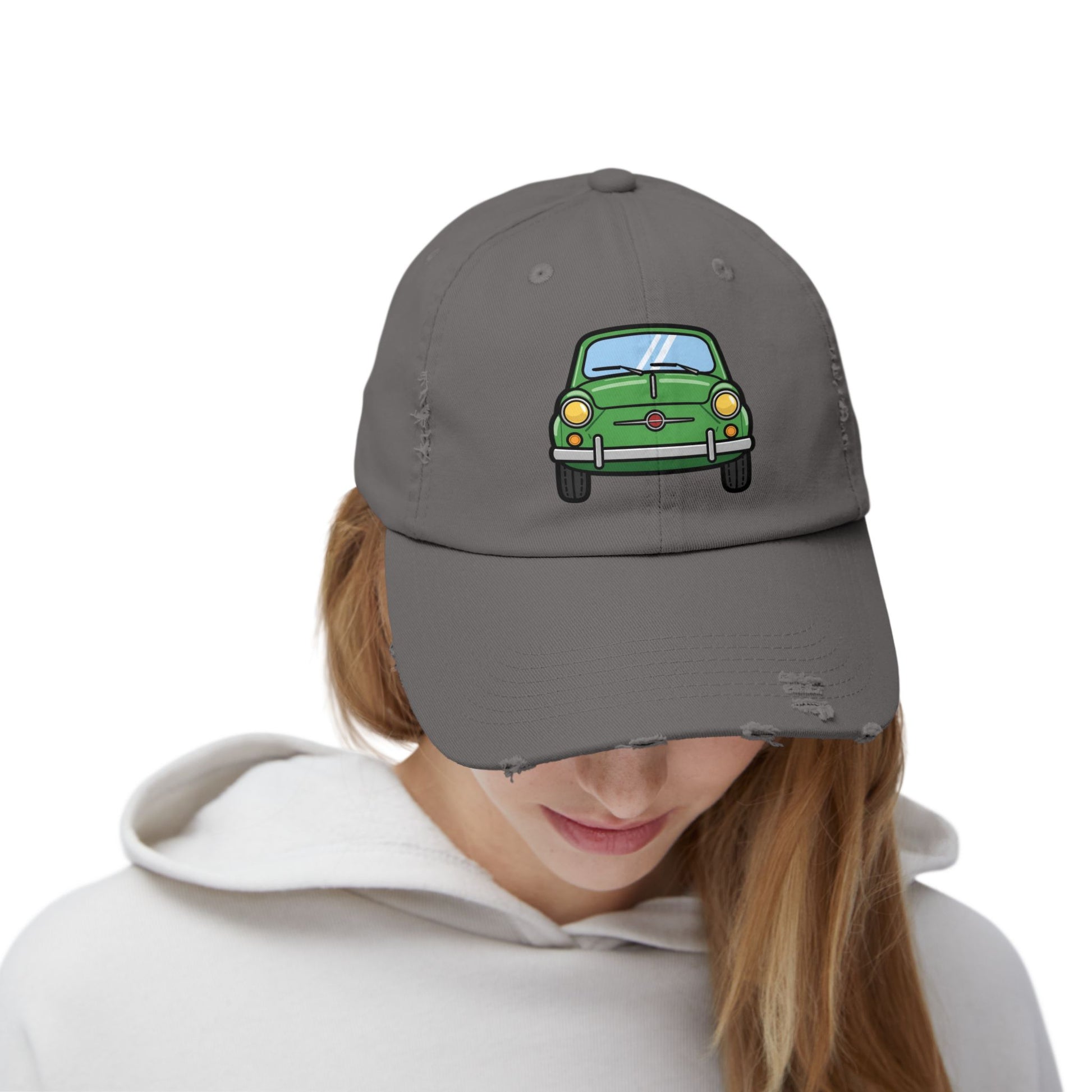 Distressed Cap — Retro Green Car Graphic Hat Hats Printify