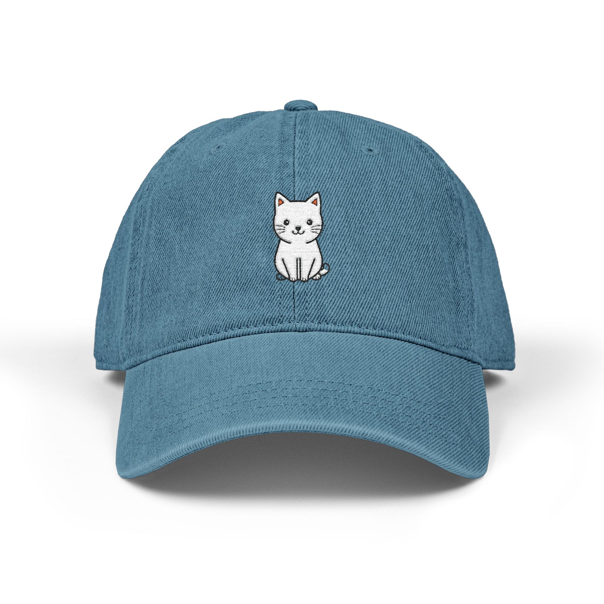 Embroidered White Kitten Denim Hat — Cute Cat Baseball Cap Hats Printify One size Blue