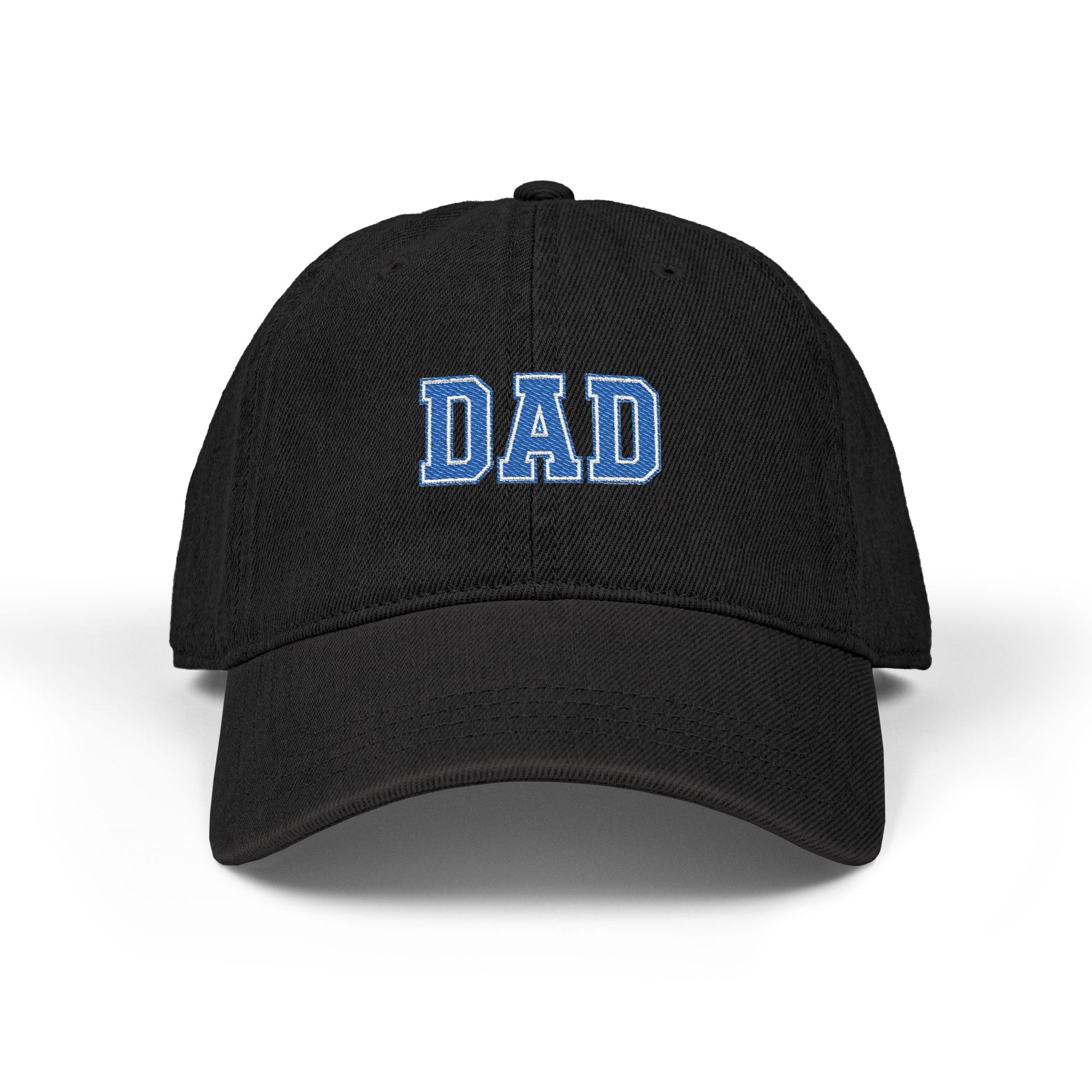 Dad Embroidered Denim Hat — Vintage Varsity Lettering Cap Hats Printify One size Black