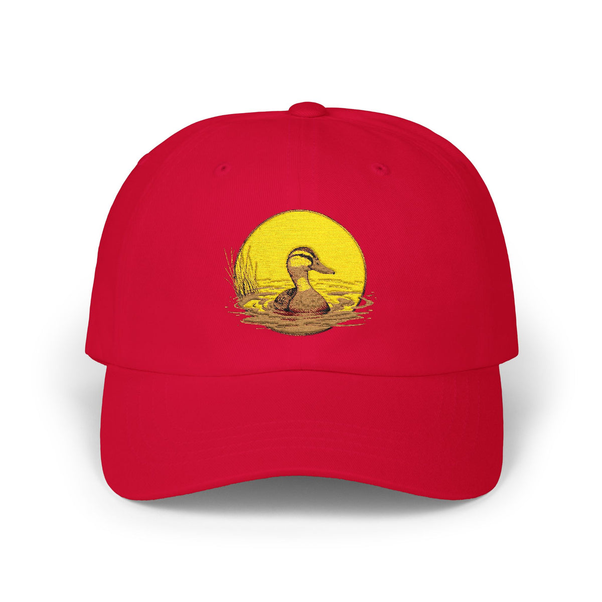 Duck Sunset Dad Cap — Embroidered Duck on Yellow Sun Baseball Hat Hats Printify Cranberry One size