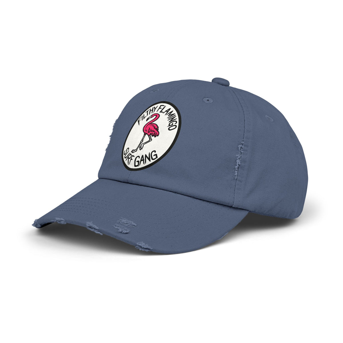 Distressed Surf Cap — "Filthy Flamingo Surf Gang" Embroidered Patch Hat