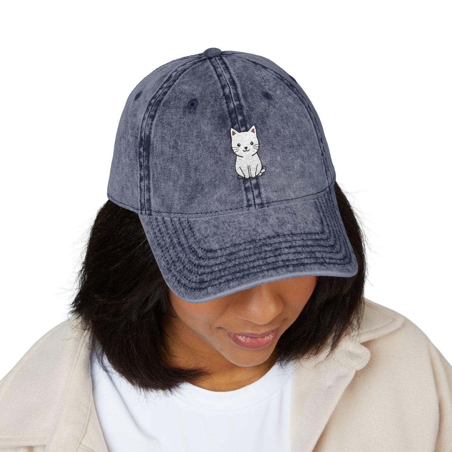 Vintage Embroidered Kitten Cap - Washed Red Dad Hat Hats Printify